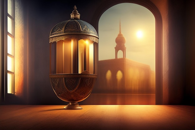 Free Photo Ramadan Kareem Eid Mubarak Old Fashioned Royal Elegant Lamp with Mosque