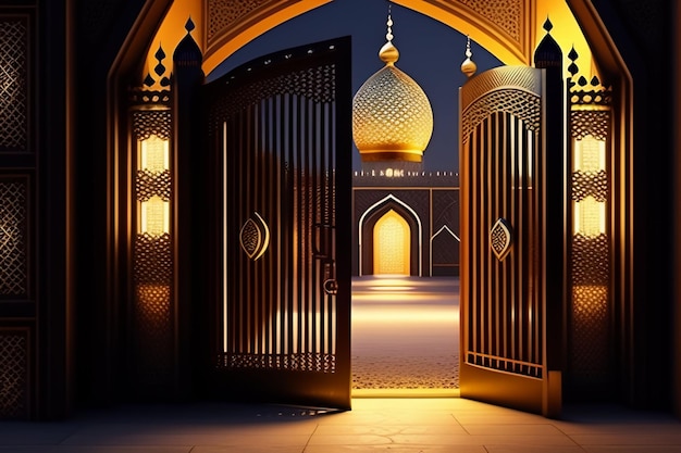 무료 사진 모스크 입구 성문이있는 라마단 카림 이드 무바라크 로얄 우아한 램프