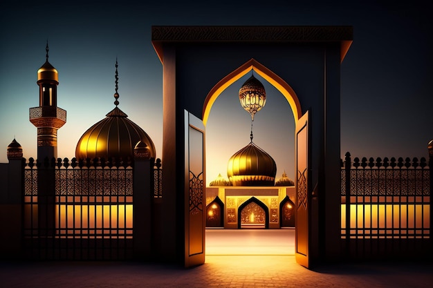 無料の写真ラマダン カリーム イード ムバラク ロイヤル エレガントなランプ モスク エントリ聖なる門