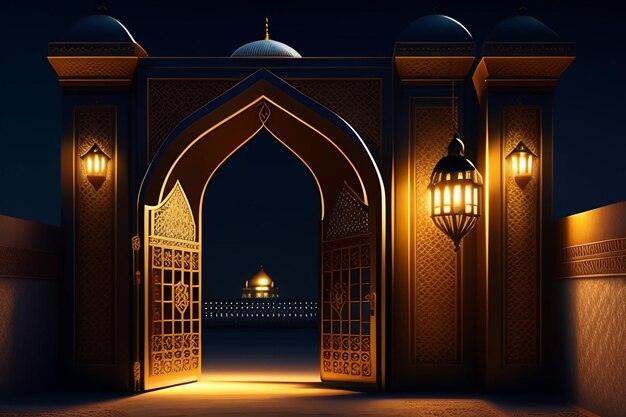 Free Photo Ramadan Kareem Eid Mubarak Royal Elegant Lamp with Mosque Entry Holy Gate