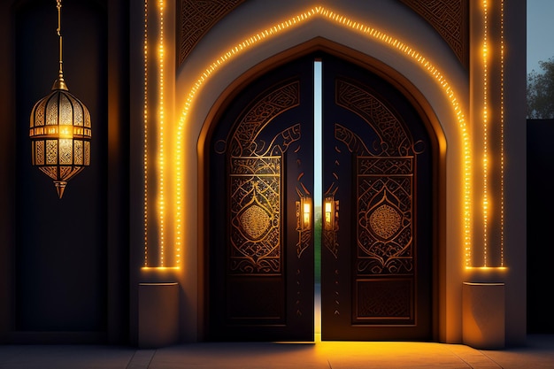 무료 사진 모스크 입구 성문이있는 라마단 카림 이드 무바라크 로얄 우아한 램프