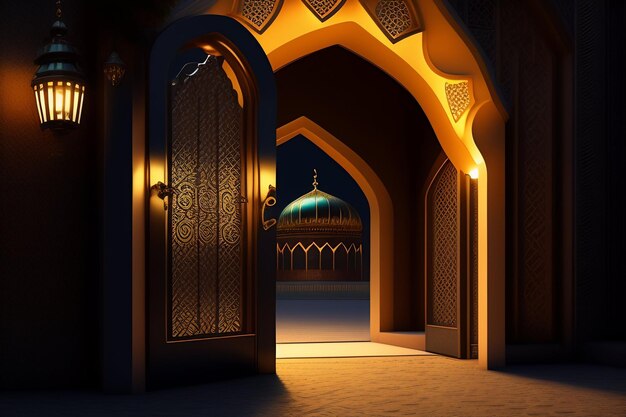 Free Photo Ramadan Kareem Eid Mubarak Royal Elegant Lamp with Mosque Entry Holy Gate