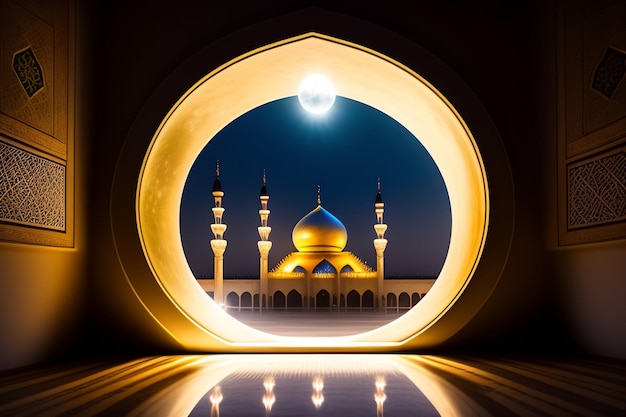 Foto gratuite ramadan kareem eid mubarak lampada elegante reale con porta santa della moschea con fuochi d'artificio