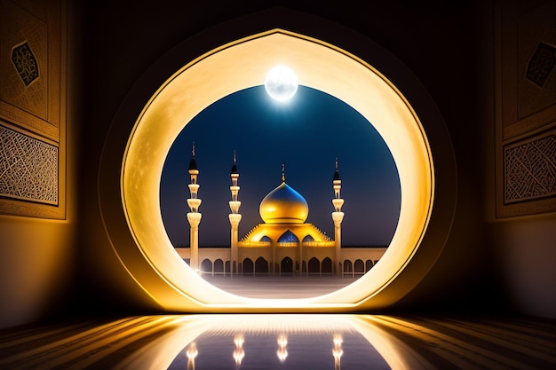 Free Photo Ramadan Kareem Eid Mubarak Royal Elegant Lamp with Mosque Holy Gate with fireworks