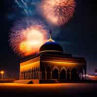 無料写真 無料の写真 ラマダン カリーム イード ムバラク ロイヤル エレガント ランプ モスクの聖なる門と花火