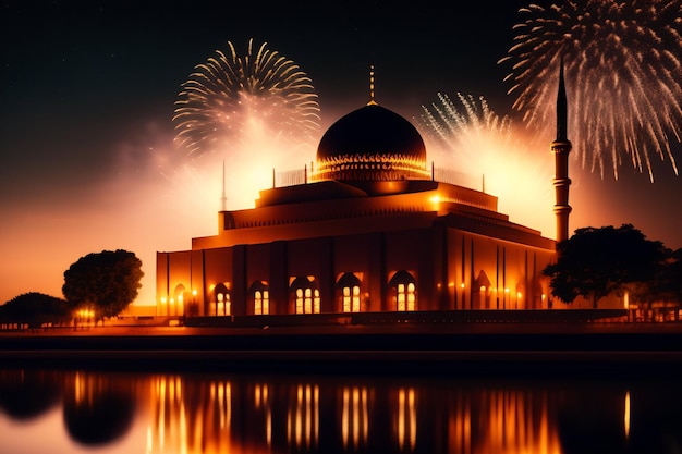 Free photo free photo ramadan kareem eid mubarak royal elegant lamp with mosque holy gate with fireworks