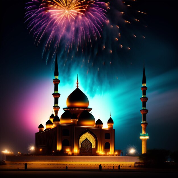 Free Photo Ramadan Kareem Eid Mubarak Royal Elegant Lamp with Mosque Holy Gate with fireworks