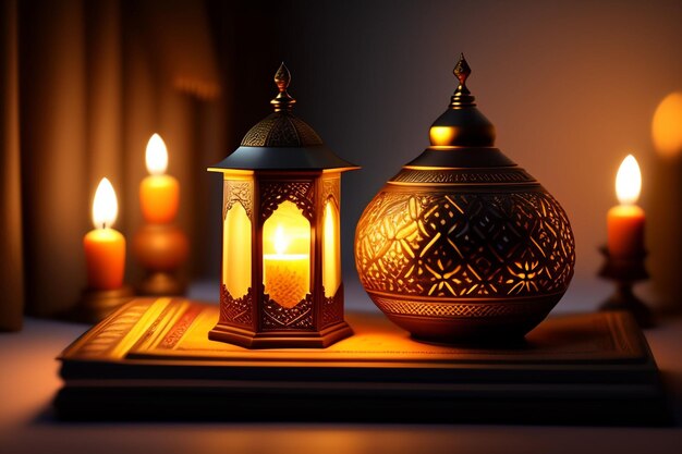 Free Photo Ramadan Kareem Eid Mubarak Royal Elegant Lamp with Mosque Holy Gate with fireworks