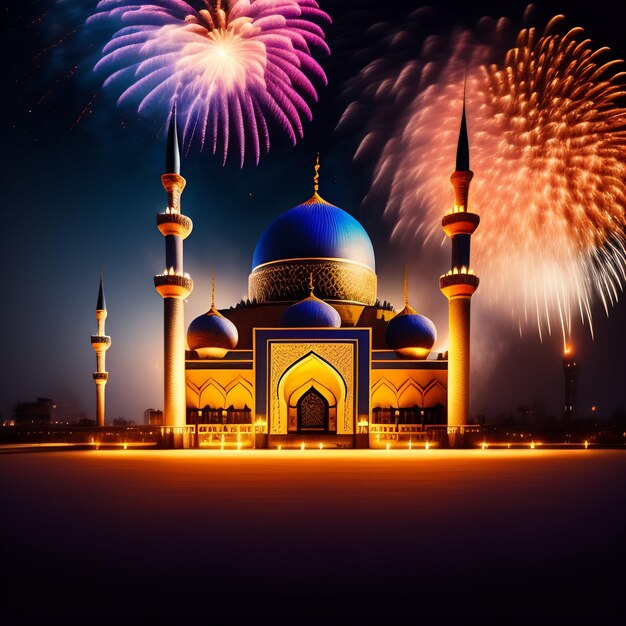 Free photo free photo ramadan kareem eid mubarak royal elegant lamp with mosque holy gate with fireworks