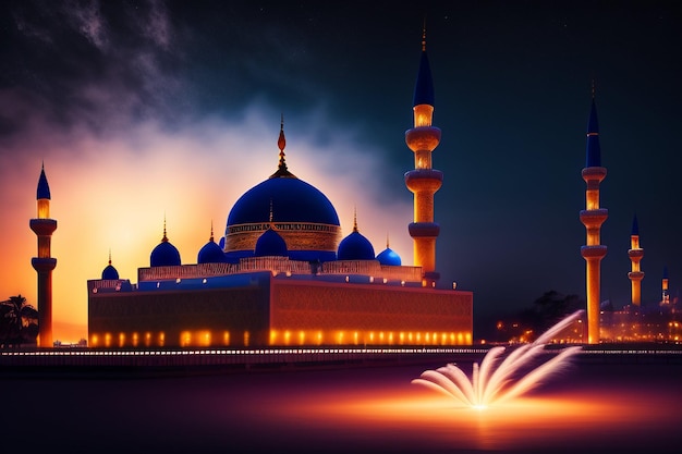 Free Photo Ramadan Kareem Eid Mubarak Royal Elegant Lamp with Mosque Holy Gate with fireworks