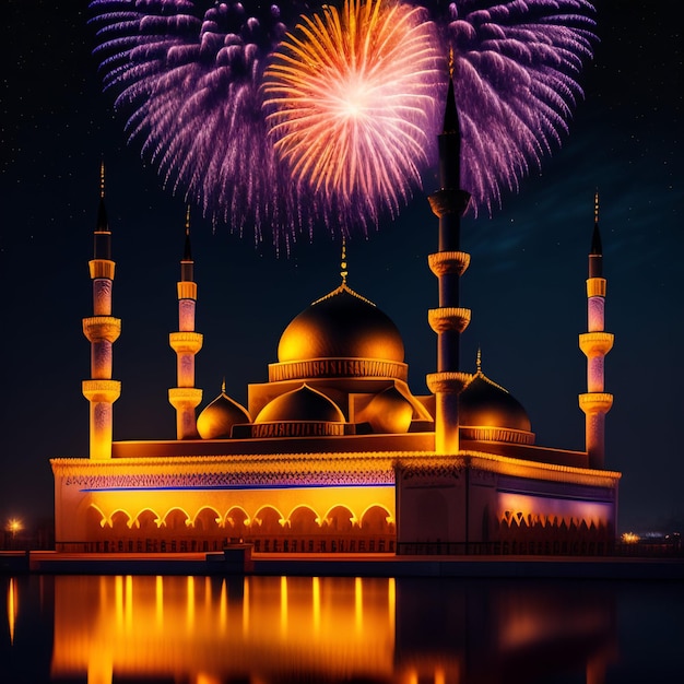 Free photo free photo ramadan kareem eid mubarak royal elegant lamp with mosque holy gate with fireworks