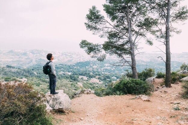 Freedom concept with hiker on mountain