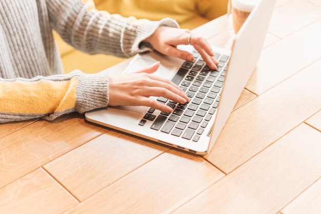 Freelance woman working with laptop in coffee shop