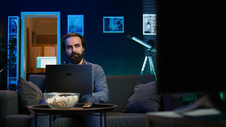 Free Photo freelancer working on laptop while watching tv in apartment office
