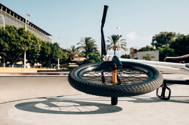 Freestyle bmx bike in skatepark