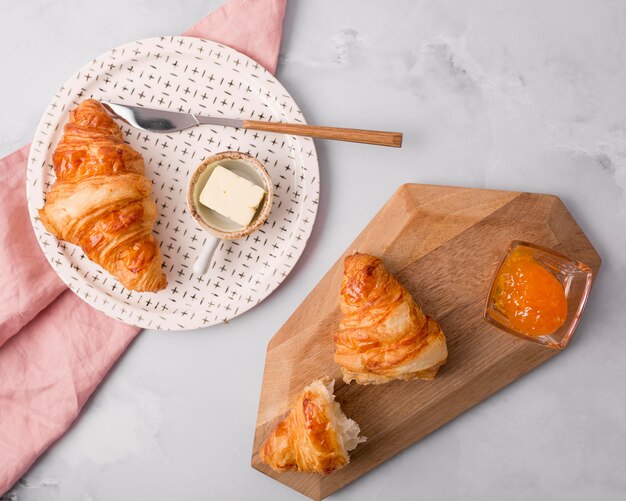 French croissant breakfast with homemade jam