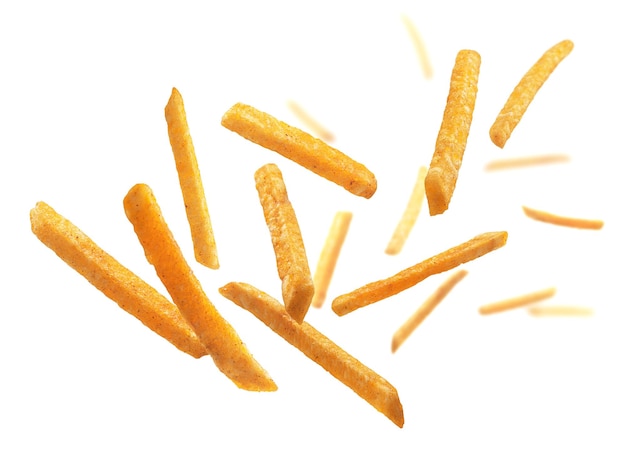 French fries levitate on a white background