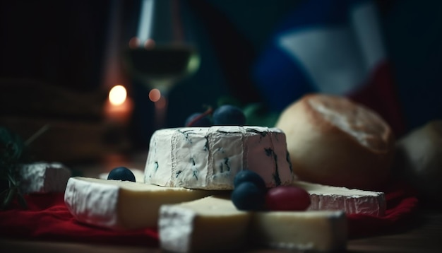 Бесплатное фото Французская изысканная еда камамбер, вино, хлеб и виноград, созданные искусственным интеллектом