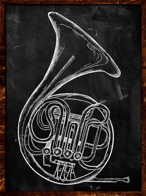 French horn drawing on blackboard