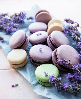 French macarons with lavender flavor and fresh lavender flowers on a  tile background