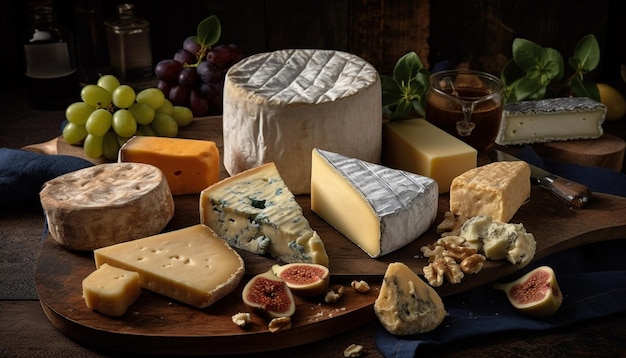 French and Swiss cheeses on rustic wood tray generated by AI