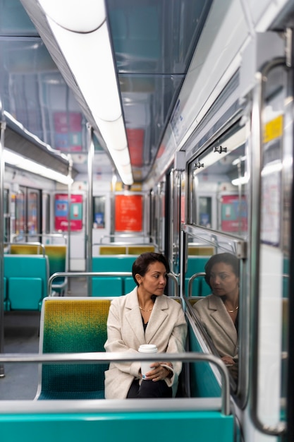 Free photo french woman riding the subway train and drinking coffee