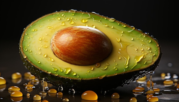 Бесплатное фото Свежий кусочек авокадо, здоровый закуска, капляющаяся водой, созданной искусственным интеллектом.