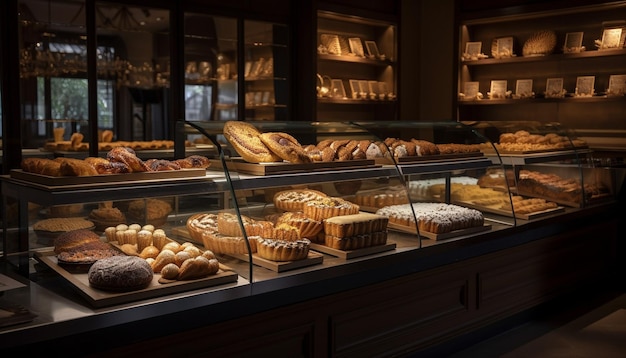 Fresh baked sweet delights on rustic bakery shelf generated by AI