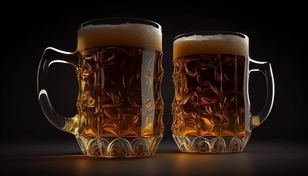 Free photo fresh beers in frothy mugs on wooden table generative ai