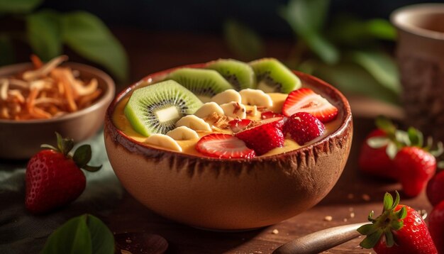 Fresh berry bowl on rustic wood table generated by AI