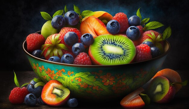 Free photo fresh berry fruits in a decorative wooden bowl generative ai