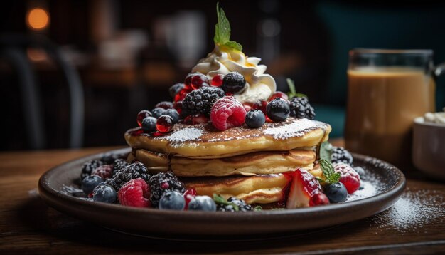 Fresh berry pancake stack on rustic wood plate generated by AI