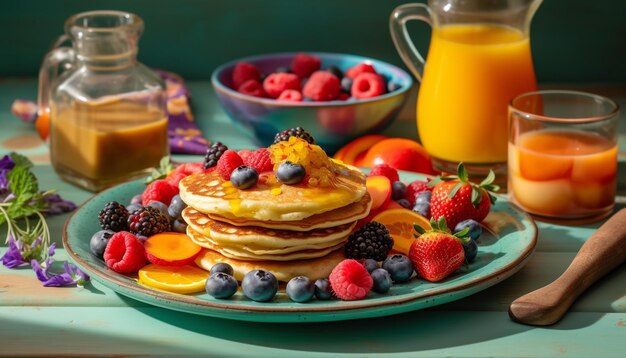 Pancake ai frutti di bosco freschi con miele e yogurt generati dall'intelligenza artificiale