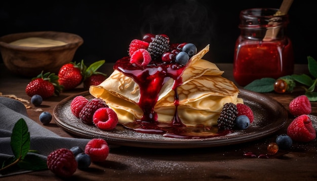 Fresh berry stack on homemade rustic wood plate generated by AI