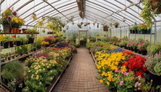 Бесплатное фото Свежие цветы в изобилии оранжерей, созданные ии