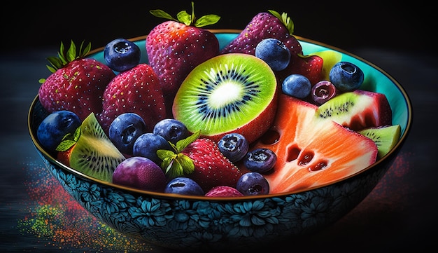 Fresh blueberries and strawberries in a colorful bowl generative AI