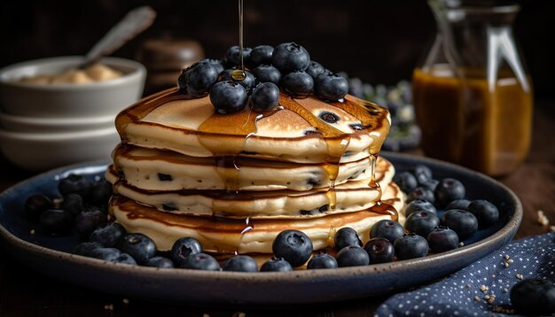 Free Photo | Fresh blueberry pancakes stacked high with syrup generated ...