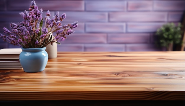 Foto gratuita mazzo fresco di fiori viola su tavolo di legno all'interno generato da intelligenza artificiale