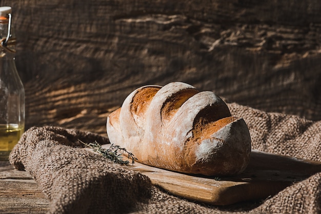 Fresh bread on table close-up