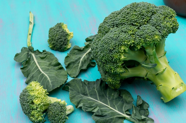 Fresh broccoli on blue surface