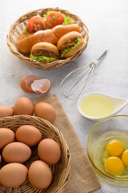 Fresh brown eggs and bakery product