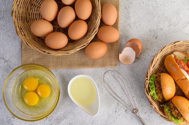 Fresh brown eggs and bakery product