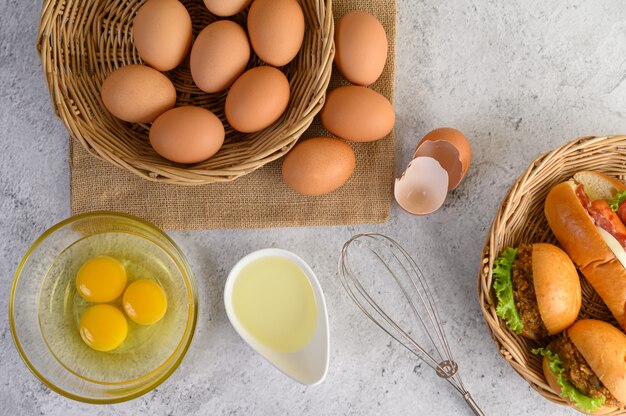 Fresh brown eggs and bakery product