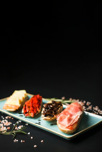 Free photo fresh bruschetta assortment copy space