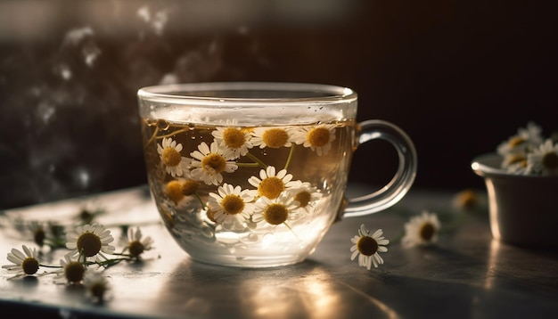 Fresh chamomile tea in a rustic glass generated by AI