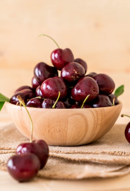 fresh cherry in wood bowl