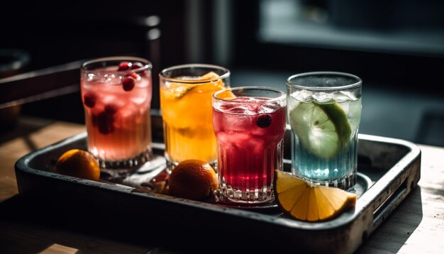 Fresh citrus cocktail on wooden table for party generated by AI