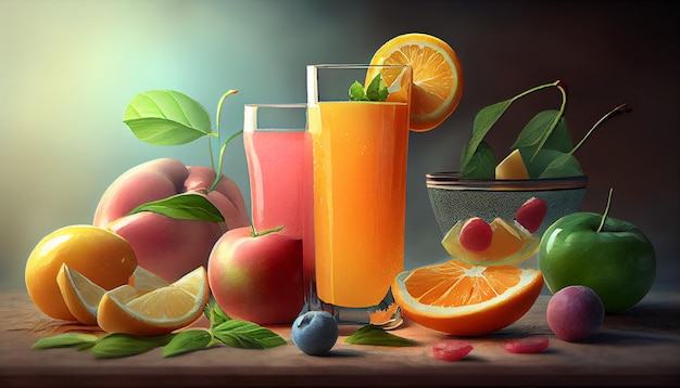 Free photo fresh citrus fruits cocktails with lleafs generative ai