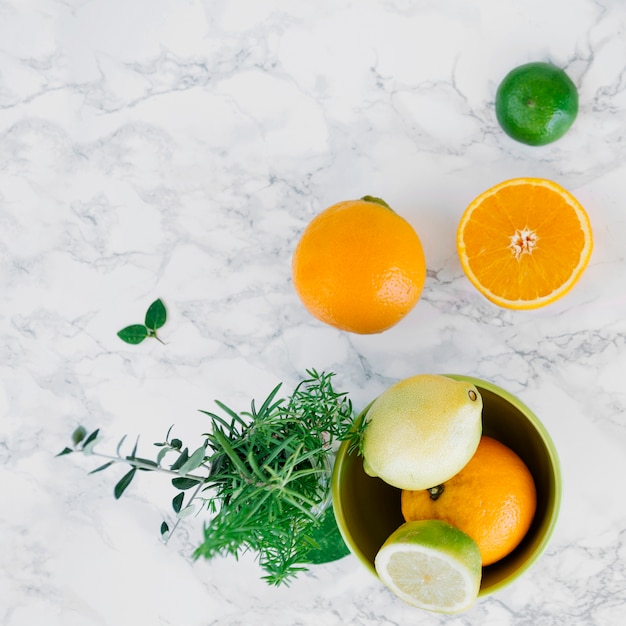 Fresh citrus fruits and rosemary on marble