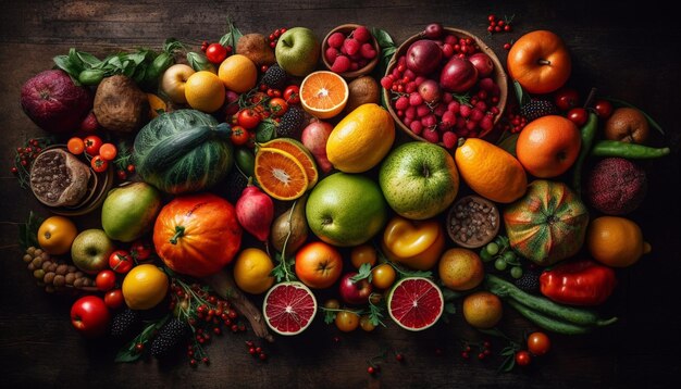 Fresh citrus fruits on wooden table background generated by AI